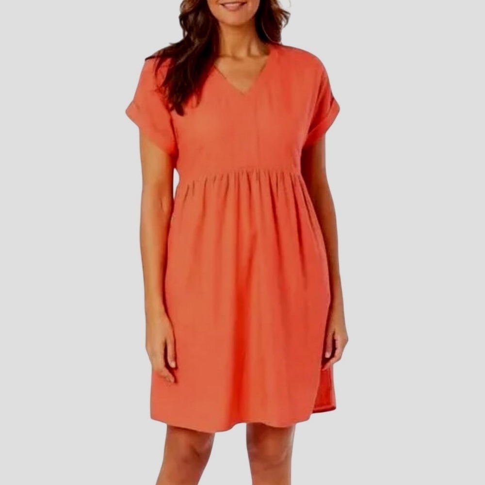 Briggs Womens Coral Linen Blend V-Neck Babydoll Dress Pockets 1605017 Small